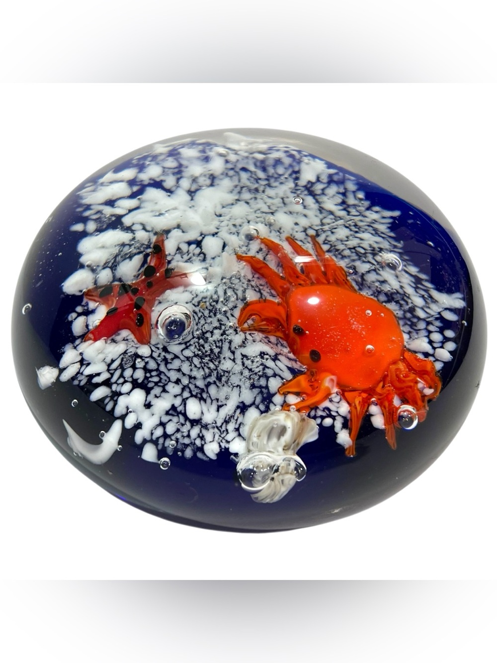 Vintage 1980s Murano Italy Art Glass Aquarium Paperweight 3.5" Crab and Starfish